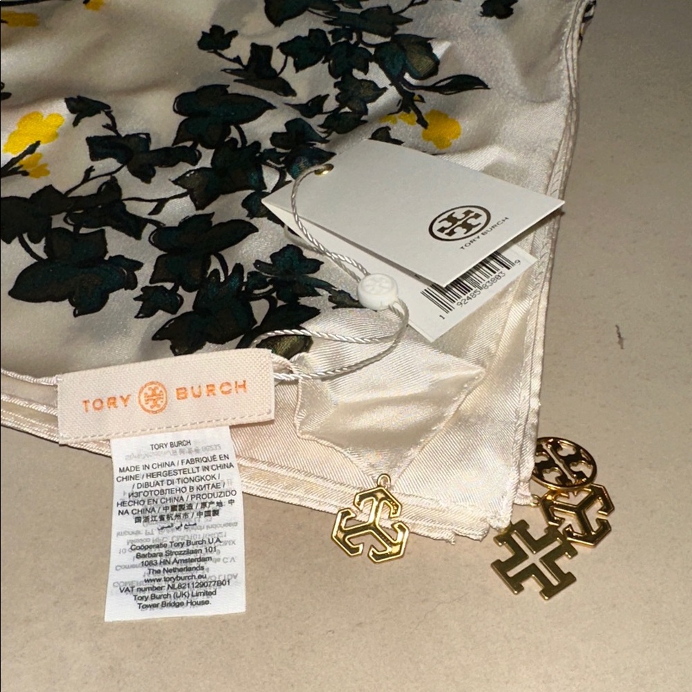 Tory Burch Silk Scarf - Cream, Gold, and Black Floral Charms at Four Corners - Picture 2 of 4